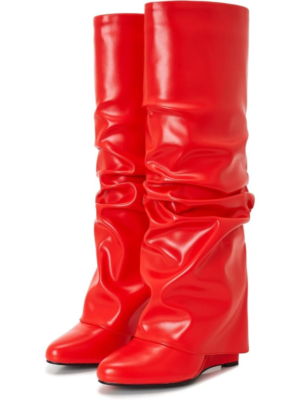 Women's Red 4 Inch Wedge Pointed Toe Pull-On Shark Knee High Heels Shark Boots